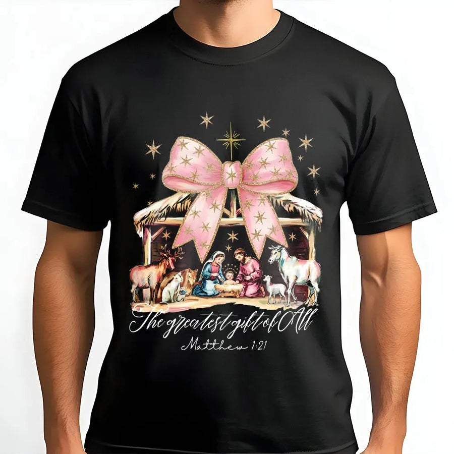 Nativity Scene T-Shirt | Pink Bow Coquette Aesthetic Graphic | Premium Cotton Religious Christmas Tee | The Greatest Gift Of All Christian Gift