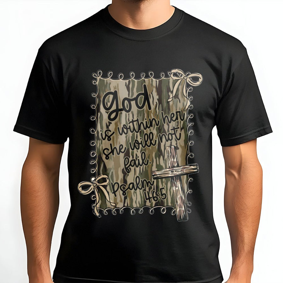 God Is Within Her T-Shirt | Psalm 46:5 Bible Verse Aesthetic | Camo Coquette Bow Graphic | Premium Cotton Christian Gift For Women