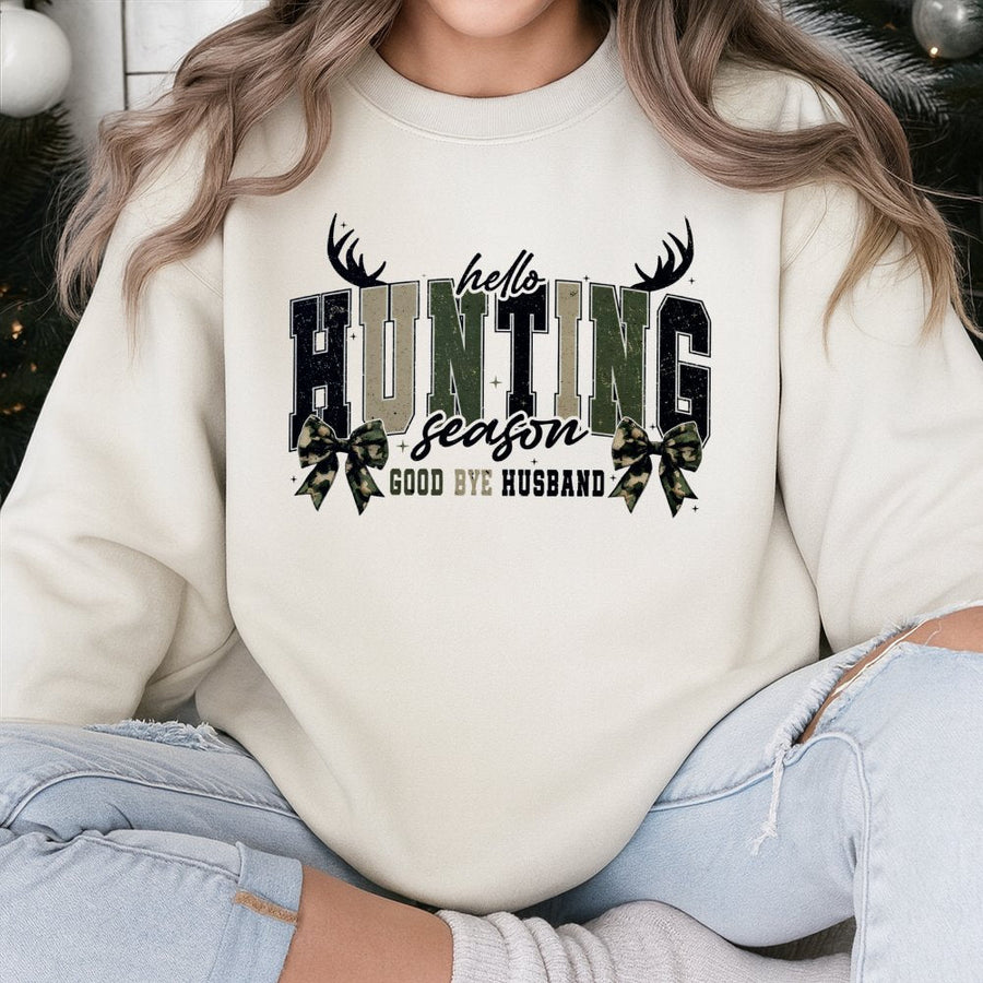 Hello Hunting Season Goodbye Husband Sweatshirt | Camo Coquette Bow Graphic | Premium Cotton Blend | Funny Hunter Wife Gift For Fall