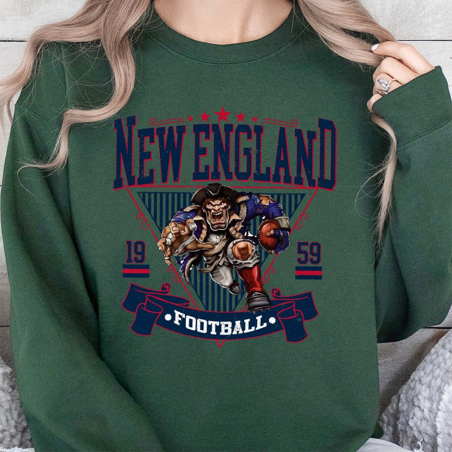 New England 1959 Football With Aggressive Patriot Mascot Sweatshirt
