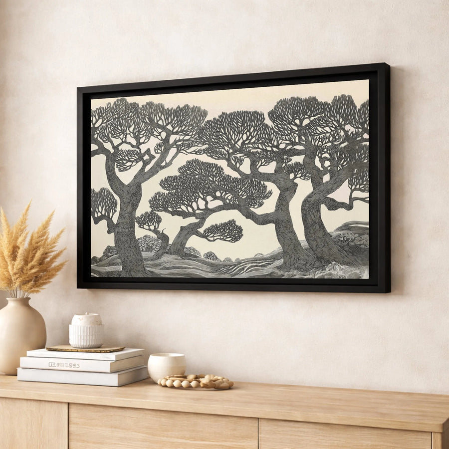 Gnarled Trees Wall Art | Black And White Woodcut Landscape | Premium Gallery Canvas | Modern Home Decor Gift