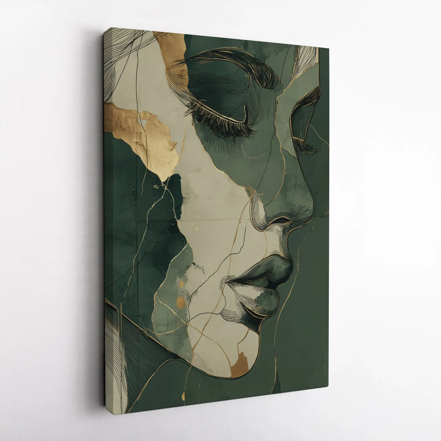 Abstract Woman Face Canvas Print | Minimalist Gold Line Art | Premium 1.25-Inch Gallery Wrap | Modern Sage Green Wall Decor Gift