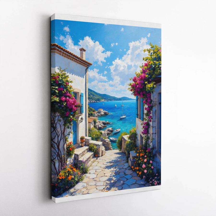 Greek Island Canvas Print | Vibrant Coastal Village with Bougainvillea | Premium Gallery Wrapped Wall Art | Mediterranean Seascape Home Decor Gift