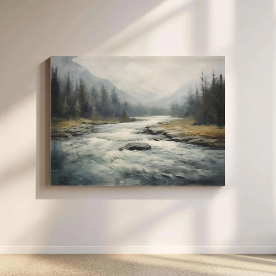 Misty Mountain River Canvas Art | Moody Forest Landscape Painting | Premium Gallery-Wrapped Print | Rustic Home Decor Gift