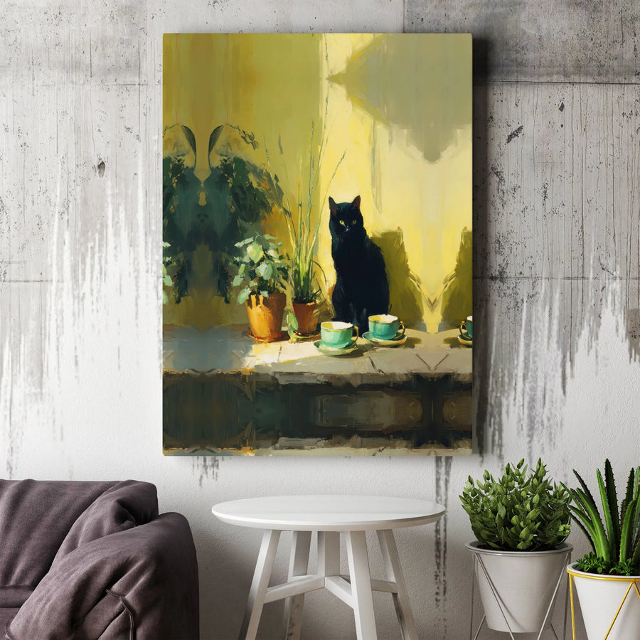 Black Cat Canvas Wall Art | Painterly Sunlit Teacup & Plant Decor | Premium Gallery Wrap 1.25" Profile | Whimsical Animal Lover Gift