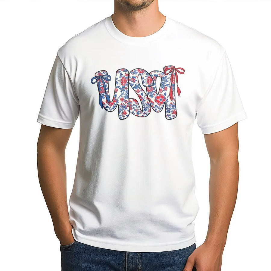 USA Floral Coquette T-Shirt | Patriotic Bow Graphic Print | Premium Soft Cotton | 4th of July Independence Day Gift for Women