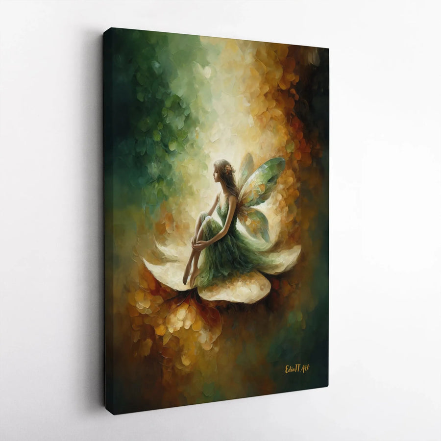 Ethereal Fairy Wall Art | Whimsical Green Forest Sprite on Glowing Flower | Premium Gallery-Wrapped Canvas | Magical Fantasy Home Decor Gift