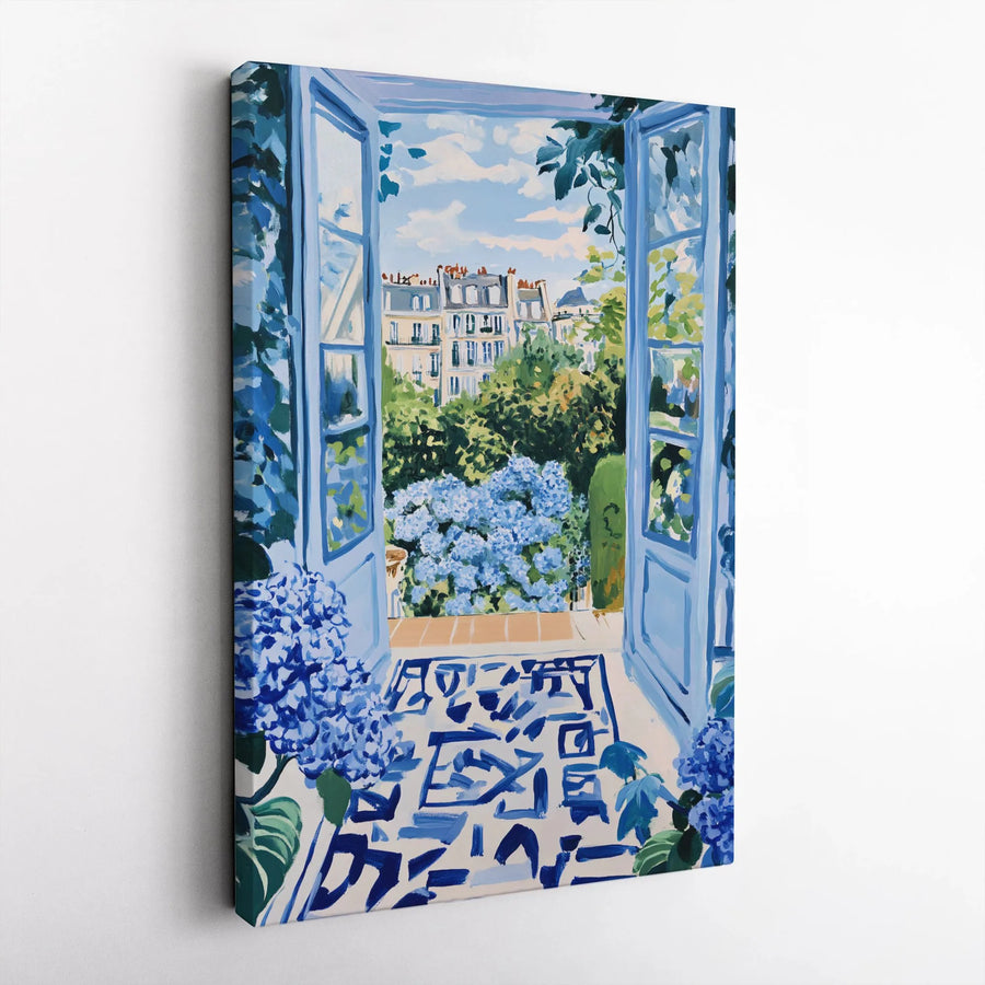 French Window Canvas Wall Art | Blue Hydrangea Parisian Balcony View | Premium Thick Gallery Wrap | French Country Home Decor Gift