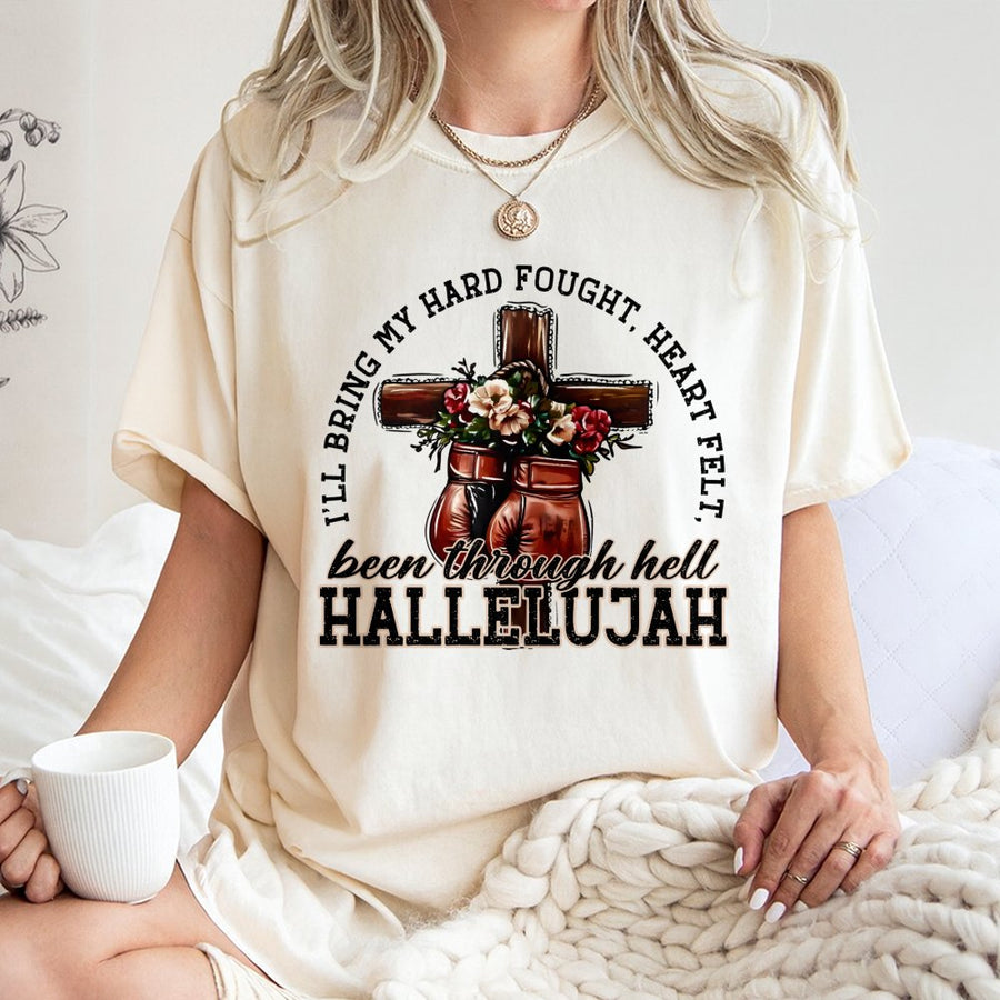 Christian Boxing T-Shirt | Been Through Hell Hallelujah Quote | Premium 100% Cotton Graphic Tee | Inspirational Gift for Strong Women
