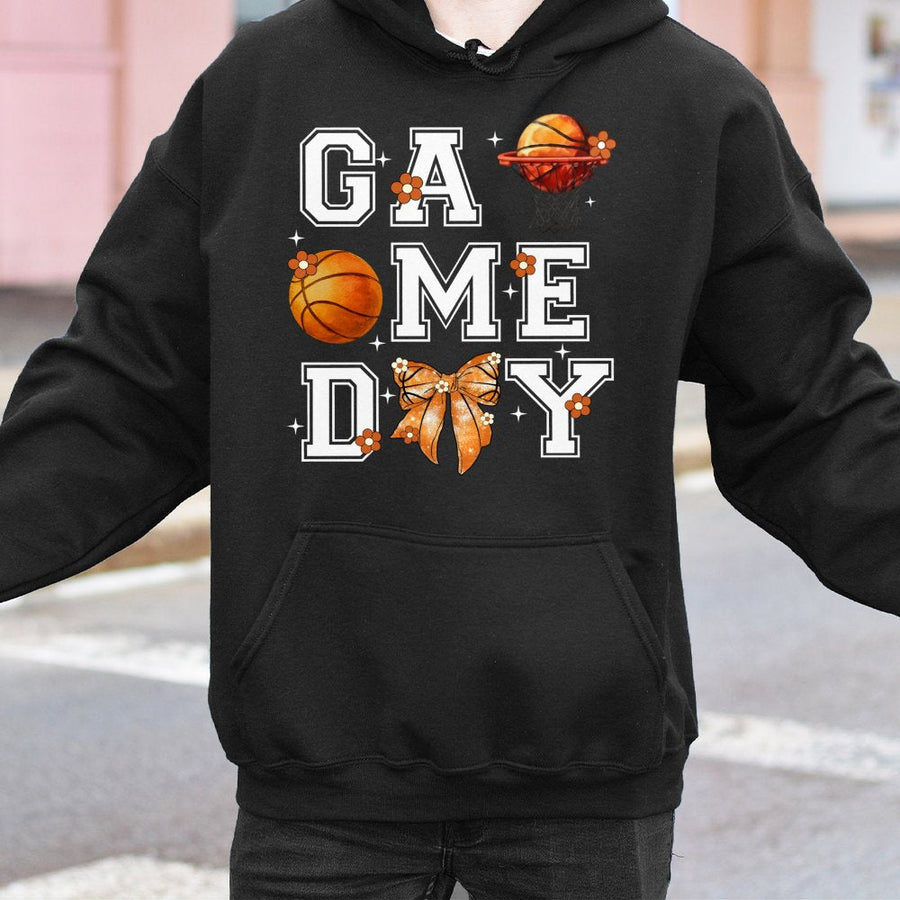 Game Day Basketball Hoodie | Retro Coquette Bow Graphic | Premium Cotton Blend | Gift for Basketball Mom & Sports Fans