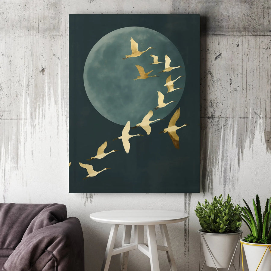 Gold Crane Wall Art | Minimalist Japanese Bird Painting | Gallery Wrapped Canvas Print | Elegant Nature Home Decor For Living Room