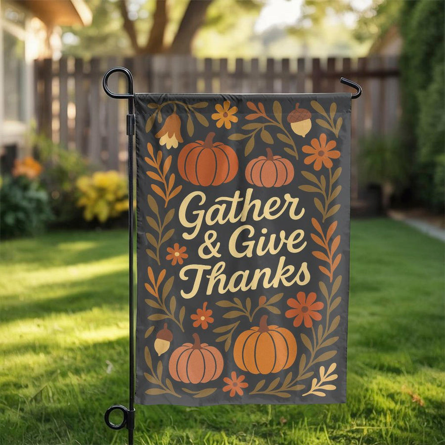 Gather And Give Thanks Garden Flag | Autumn Pumpkin Floral Outdoor Banner | Durable Polyester Yard Decor | Thanksgiving Seasonal Holiday Gift