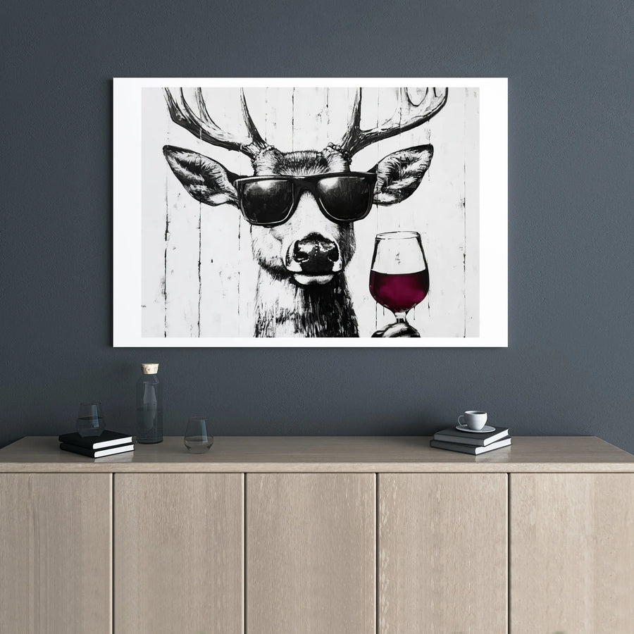 Deer Drinking Wine Canvas Wall Art | Funny Animal Portrait with Sunglasses | Premium Gallery Wrap Print | Modern Home Decor Gift for Wine Lovers