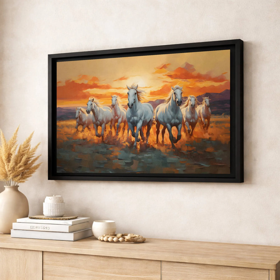 Seven White Horses Canvas Art | Running Horses Sunset Wall Decor | Premium Gallery Wrap Print | Southwestern Farmhouse Living Room Gift