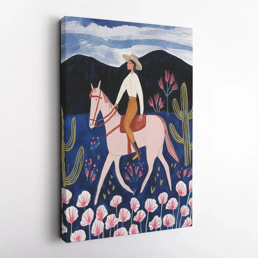Southwestern Vertical Canvas | Boho Cowgirl and Horse Art Print | Premium Gallery Wrapped Wall Decor | Modern Western Home Decor Gift