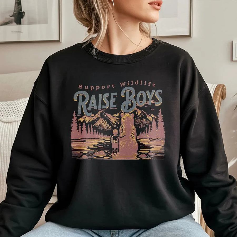 Support Wildlife Raise Boys Sweatshirt | Funny Mama Bear Graphic Tee | Premium Cotton Comfort Colors Shirt | Nature Lover Gift for Mom