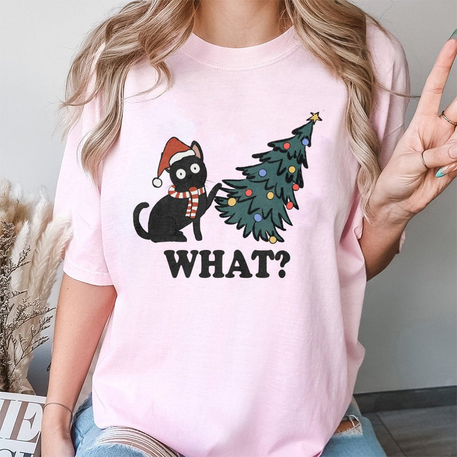 Funny Christmas Cat T-Shirt | Naughty Black Cat Knocking Over Tree Graphic | 100% Cotton Premium Tee | Unique Holiday Gift For Cat Lovers