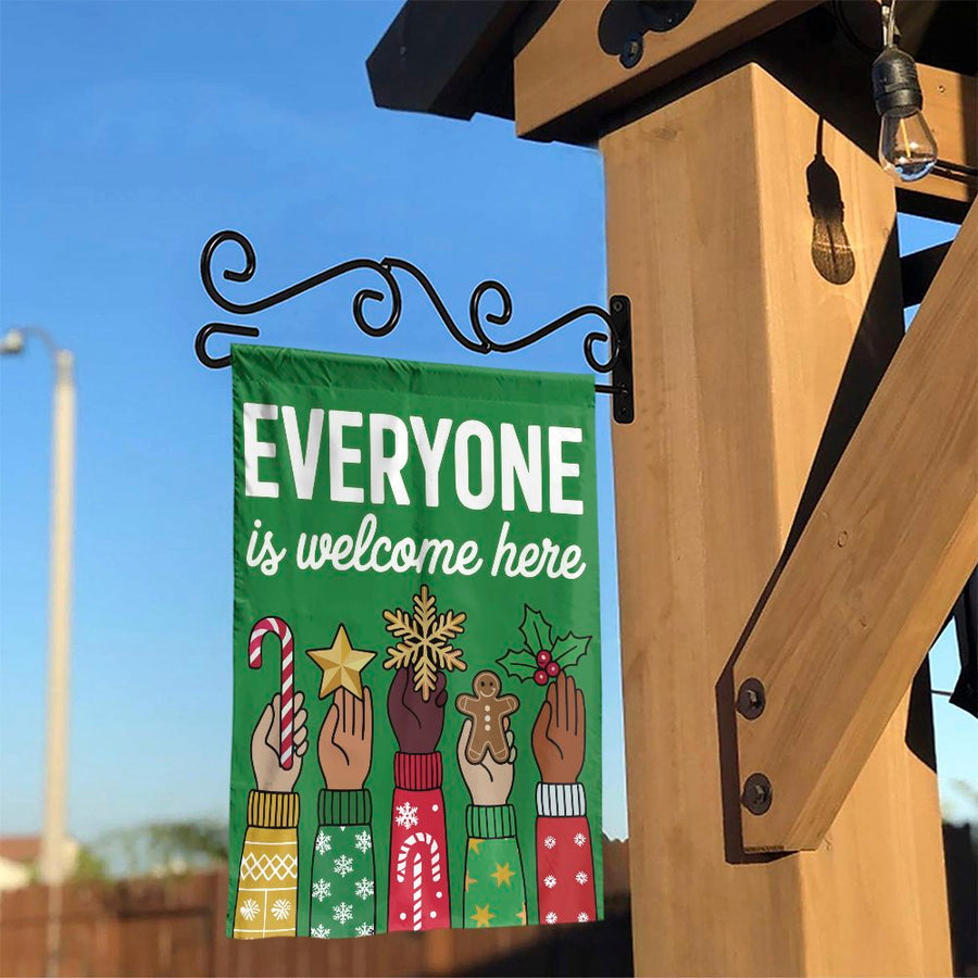 Everyone Is Welcome Here Christmas Garden Flag | Inclusive Holiday Yard Decor | Durable Weather-Resistant Polyester | Festive Seasonal Housewarming Gift