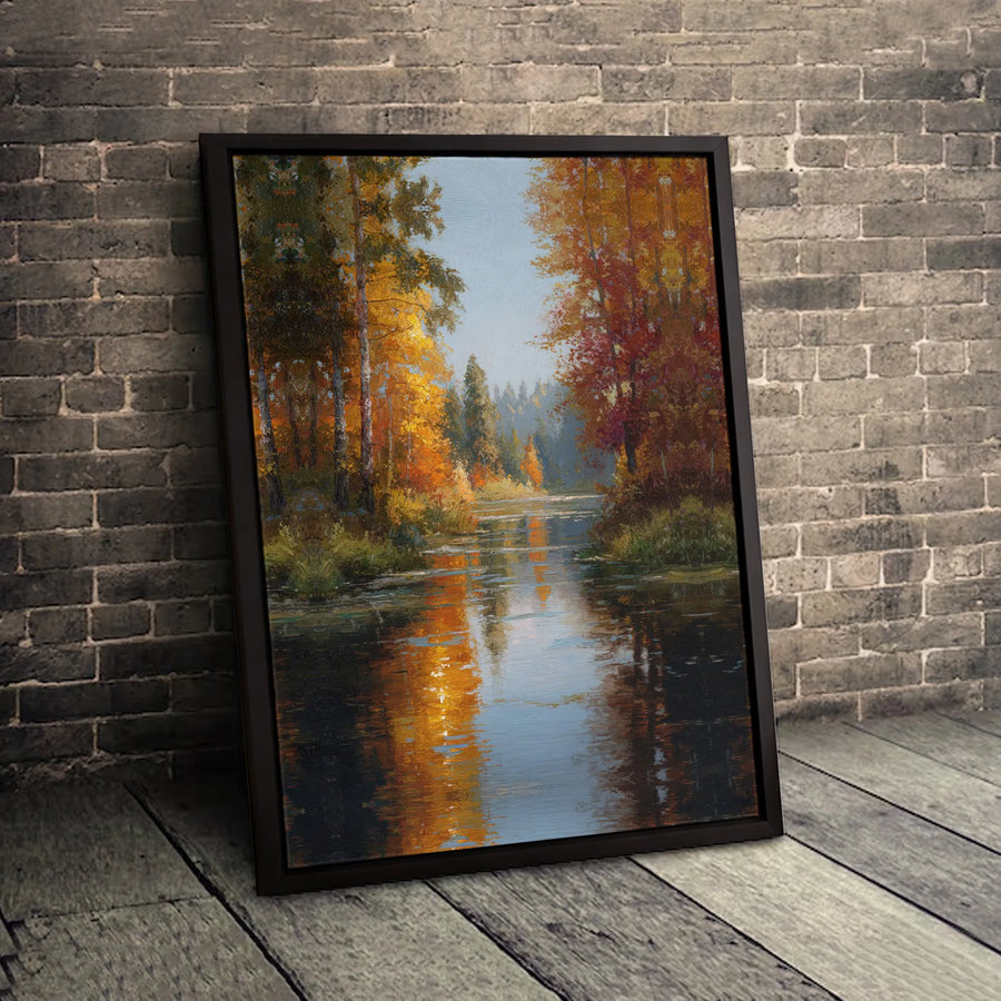 Autumn Forest River Canvas Wall Art | Serene Fall Foliage Landscape Painting | Gallery Quality 1.25” Thick Print | Cozy Home Office Decor Gift