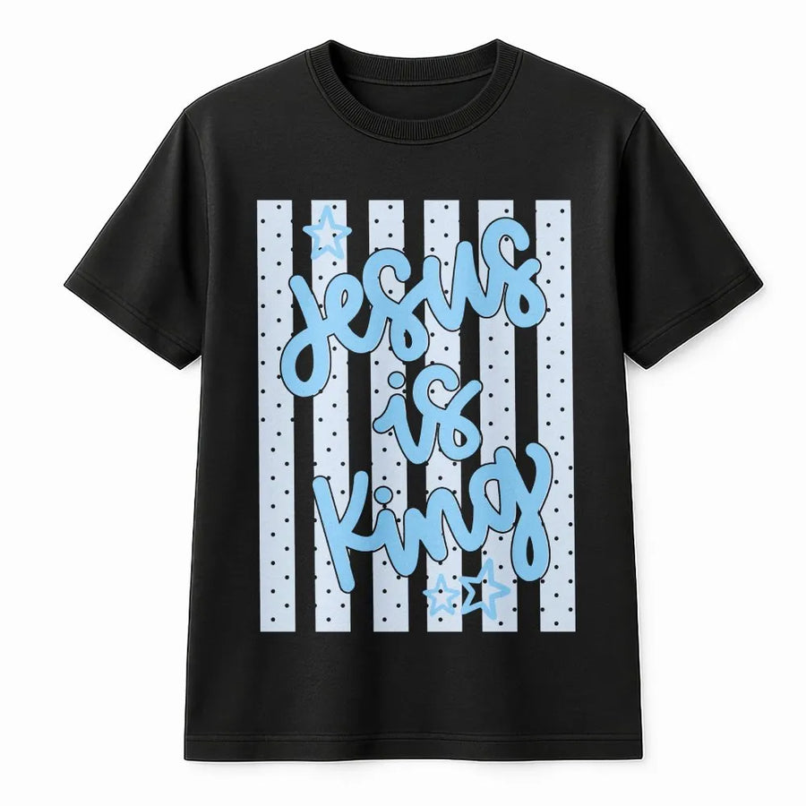 Jesus Is King T-Shirt | Trendy Striped Polka Dot Graphic | Premium Cotton-Poly Blend | Inspirational Gift for Christian Women