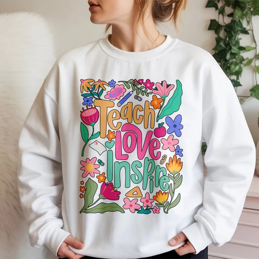 Teach Love Inspire Sweatshirt | Floral Teacher Appreciation Gift | Premium Cotton Blend Crewneck | Cute Back To School Apparel For Teachers