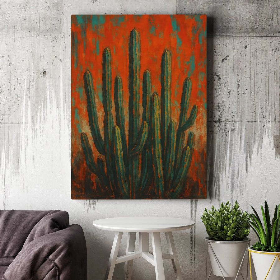Southwestern Cactus Canvas Wall Art | Abstract Desert Rust and Teal Painting | 1.25-Inch Gallery Wrap | Premium Modern Home Decor
