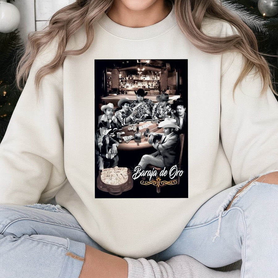 Baraja De Oro Sweatshirt | Mexican Cowboy Casino Graphic Print | Premium Cotton Blend Crewneck | Gift For Him Western Apparel