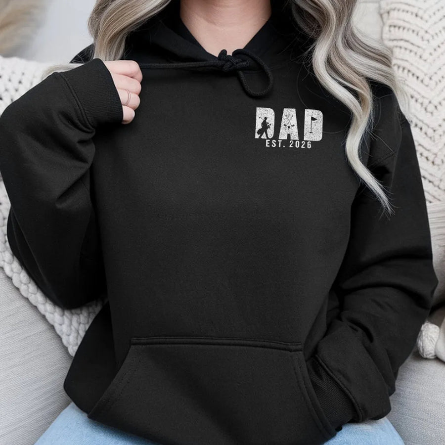 Dad Est 2026 Hoodie | New Dad To Be Golfer Silhouette Graphic | Premium Cotton Blend Pullover | Gift for Expectant Father