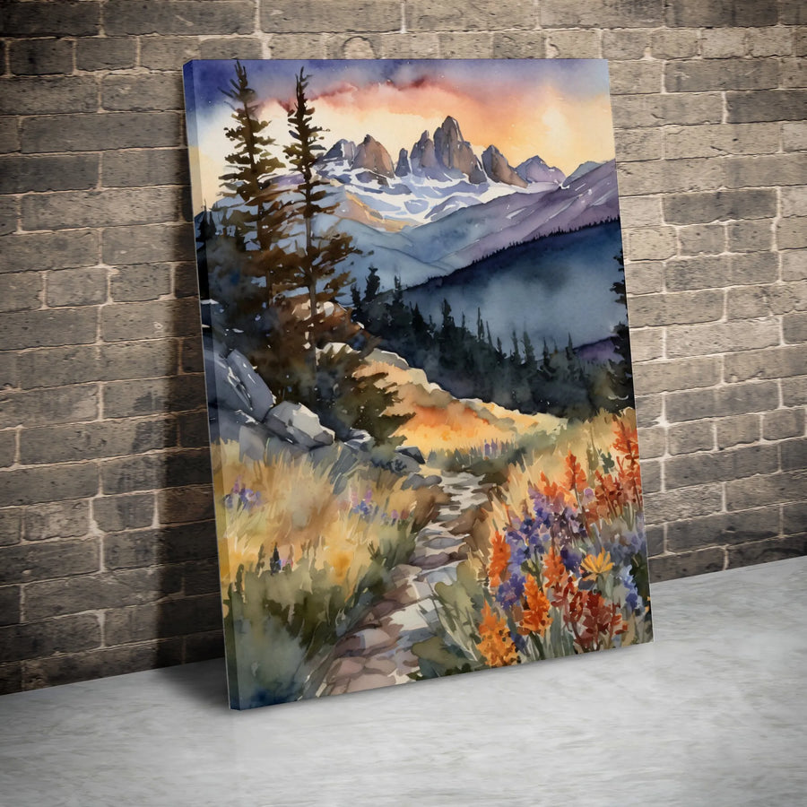 Watercolor Mountain Landscape Canvas | Scenic Pine Tree & Wildflower Trail | Premium High-Resolution Print | Rustic Home Decor Gift for Nature Lover