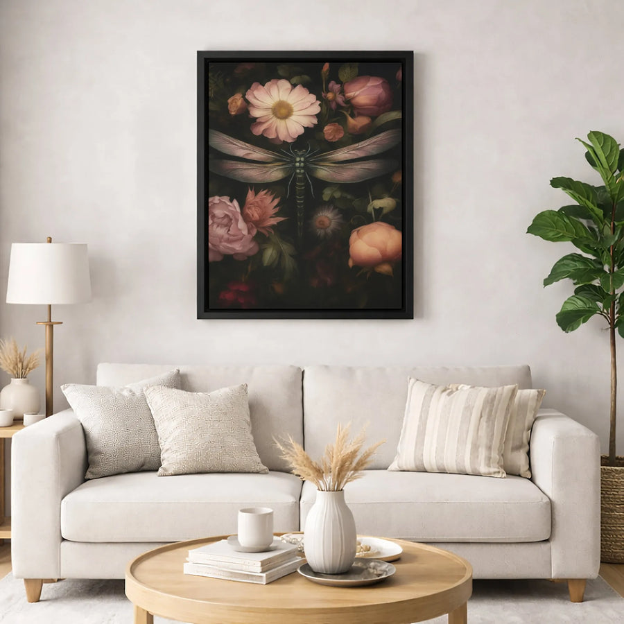Dragonfly Canvas Wall Art | Moody Botanical Floral Print | Premium 1.25" Gallery Wrap | Dark Cottagecore Home Decor Gift