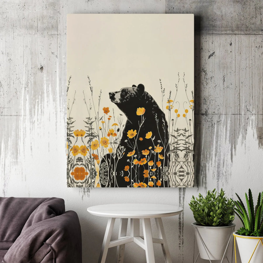 Black Bear Wall Art | Botanical Yellow Wildflowers Illustration | Premium Gallery Canvas | Nature Inspired Home Decor Gift