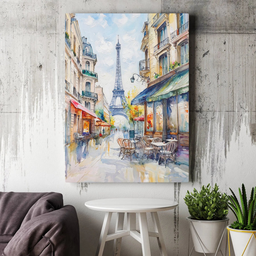 Paris Eiffel Tower Canvas Wall Art | Watercolor Paris Cafe Scene with Textured Print Effect | Premium Gallery Wrap Canvas | Romantic French Home Decor Gift