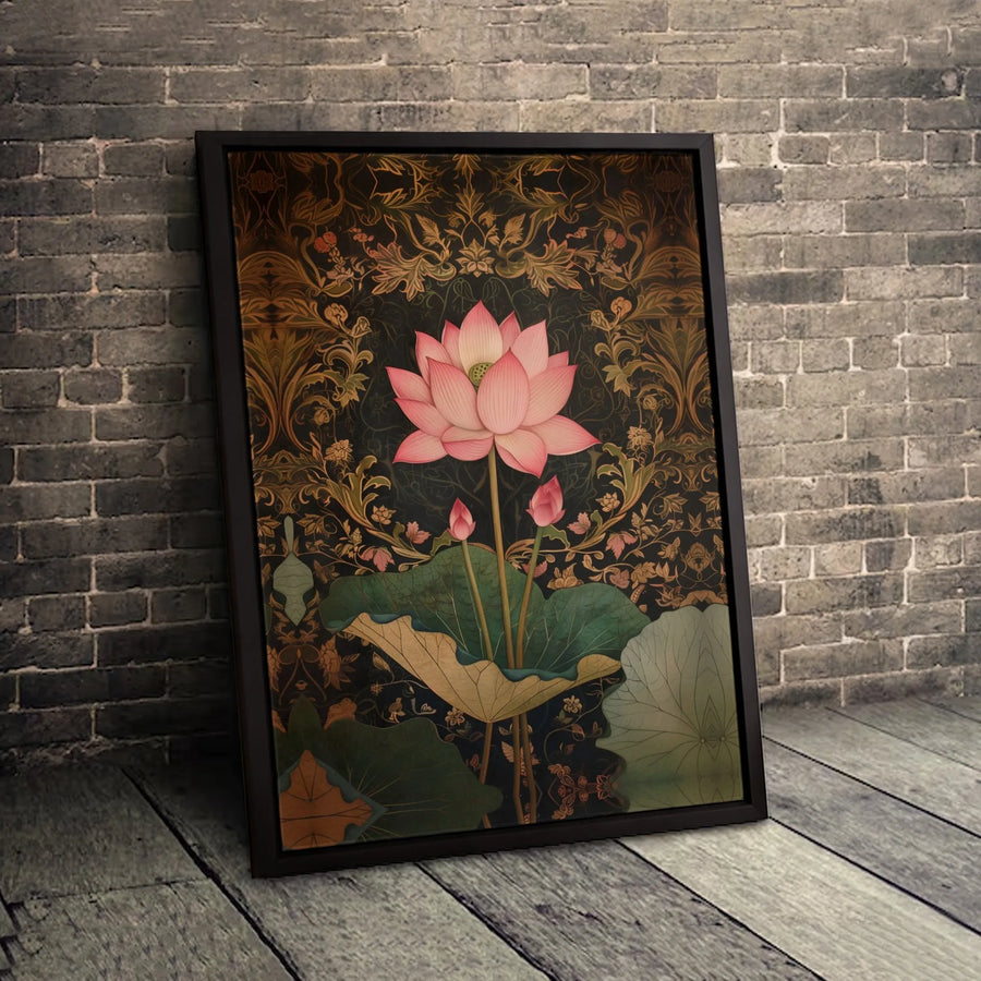 Pink Lotus Flower Canvas Art | Vintage Art Nouveau Floral Print | Premium 1.25-Inch Gallery Wrap | Elegant Botanical Home Decor Wall Art