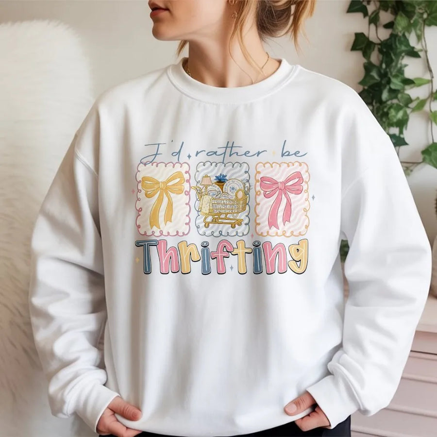 I'd Rather Be Thrifting Sweatshirt | Retro Bow and Vintage Cart Graphic | Premium Soft Cotton Blend | Aesthetic Gift for Thrift Store Shopper