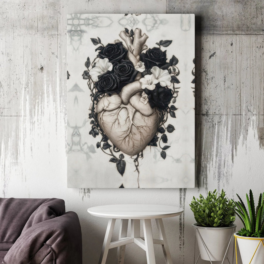 Anatomical Heart Canvas Art | Black Rose Floral Illustration | Premium 1.25-Inch Gallery Wrap | Gothic Romantic Home Decor