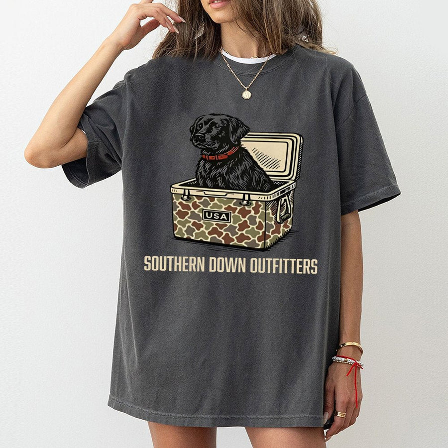 Black Labrador T-Shirt | Camo Cooler USA Graphic | 100% Cotton Premium Tee | Hunting Dog Lover Gift for Men and Women