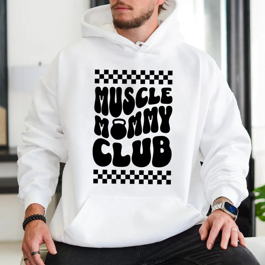 Muscle Mommy Club Hoodie | Retro Checkerboard Weightlifting Design | Premium Soft Fleece Blend | Funny Gym Pump Cover Gift For Her