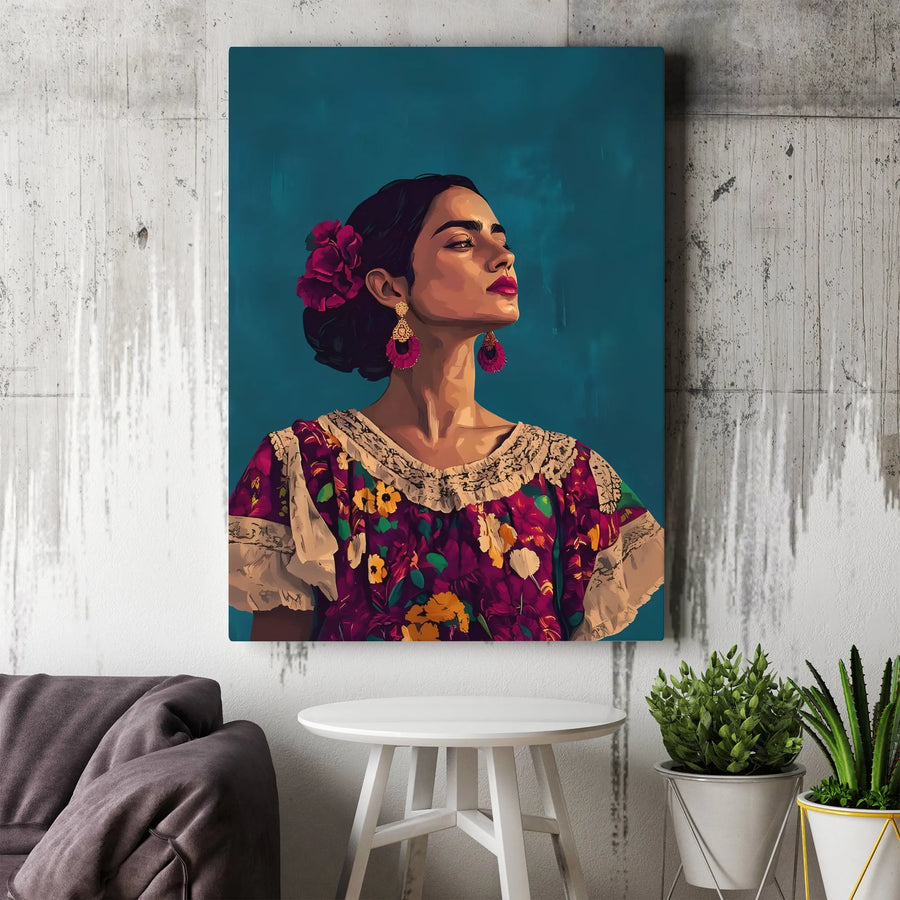 Latina Woman Portrait Canvas Wall Art | Floral Traditional Dress Painting | Premium Gallery Wrap Print | Cultural Home Decor Gift