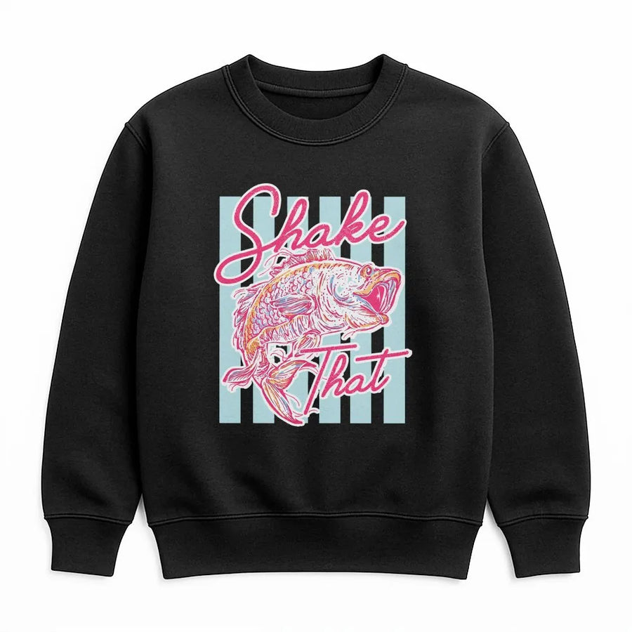 Striped Bass Fishing Sweatshirt | Funny Retro Shake That Bass Graphic | Premium Soft Crewneck | Unisex Angler Fisherman Gift