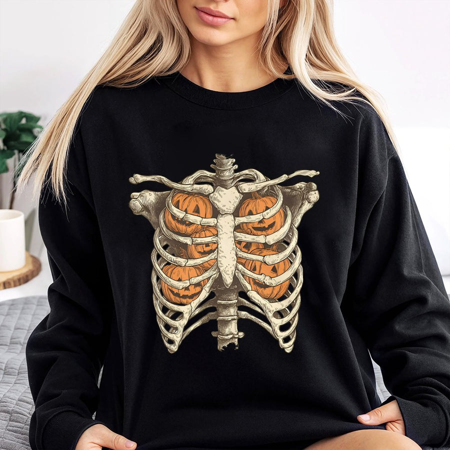 Skeleton Ribcage Pumpkin Halloween Sweatshirt | Retro Spooky Graphic Pullover | Cotton Blend Soft Fleece | Gift for Halloween Lovers