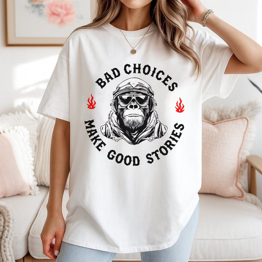 Bad Choices Make Good Stories T-Shirt | Retro Biker Monkey Graphic Tee | Premium 100% Cotton Apparel | Funny Adventure Gift For Men And Women