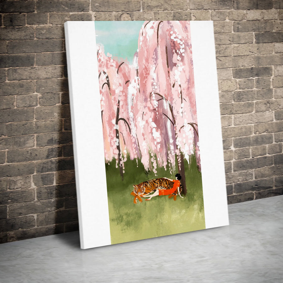 Tiger and Woman Canvas Wall Art | Japanese Style Pink Cherry Blossom Illustration | Premium 1.25" Thick Canvas | Zen Living Room Decor Gift