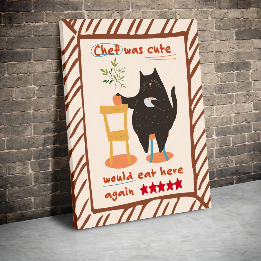 Black Cat Kitchen Wall Art | Chef Was Cute 5 Star Review Print | Premium Gallery Wrap Canvas | Funny Cat Lover Home Decor Gift