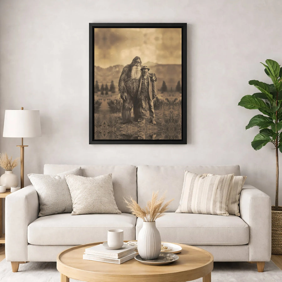 Bigfoot and Cowboy Portrait Canvas | Vintage Sepia Cryptid Art | Premium Gallery-Wrapped Print | Unique Man Cave or Cabin Wall Decor Gift