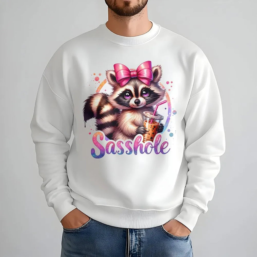 Sasshole Raccoon Sweatshirt | Funny Cute Animal with Boba Tea Graphic | Soft Breathable Cotton | Unisex Novelty Gift for Him and Her