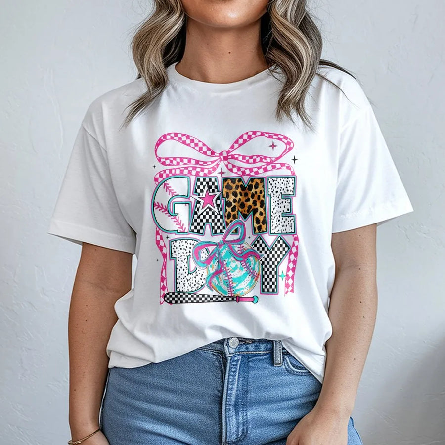 Game Day Baseball T-Shirt | Trendy Coquette Graphic with Leopard & Checkered Print | Soft Cotton Blend | Gift for Baseball Mom & Sports Fans