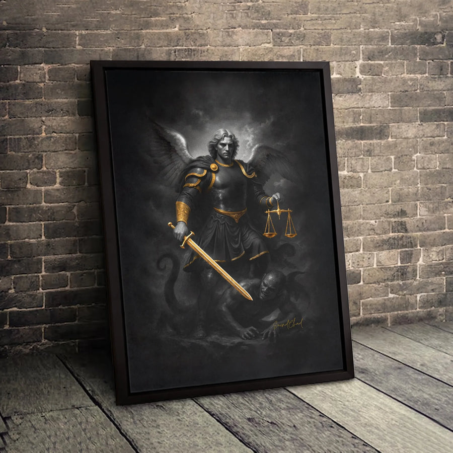 Archangel Michael Canvas Wall Art | St. Michael Defeating Demon Gold Accent Print | Premium Gallery-Wrapped Decor | Spiritual Gift for Home Office
