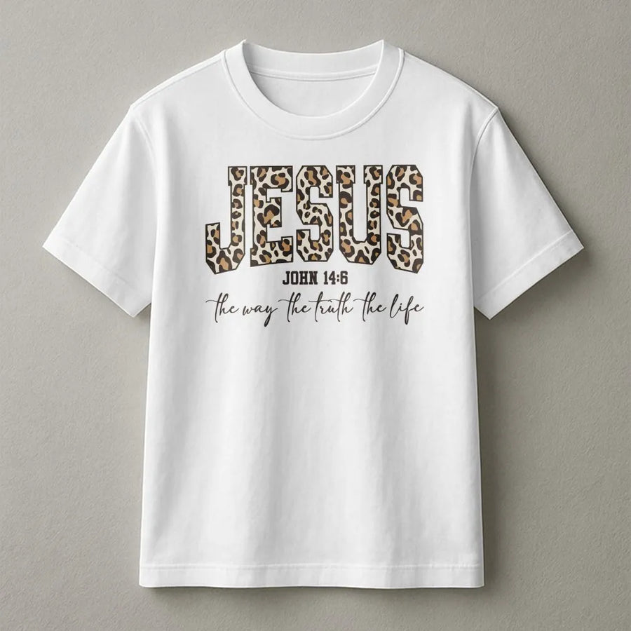 Jesus Bible Verse T-Shirt | Leopard Print Graphic Aesthetic | Soft Cotton Premium Quality | Christian Faith Gift for Men and Women