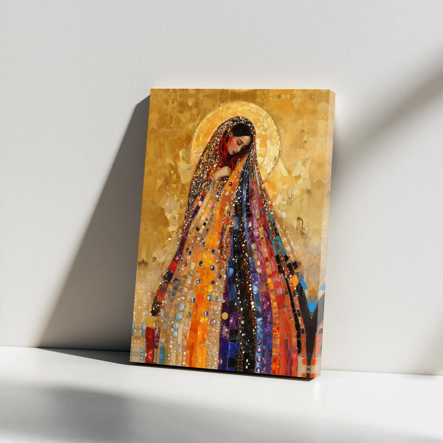 Virgin Mary Canvas Print | Mosaic Gold Halo Religious Wall Art | Premium Gallery Wrapped Decor | Spiritual Home Gift for Catholic Faith