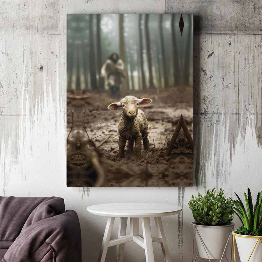 Jesus The Good Shepherd Canvas | Lost Lamb In Forest Wall Art | Premium Gallery Wrapped Print | Religious Christian Home Decor Gift